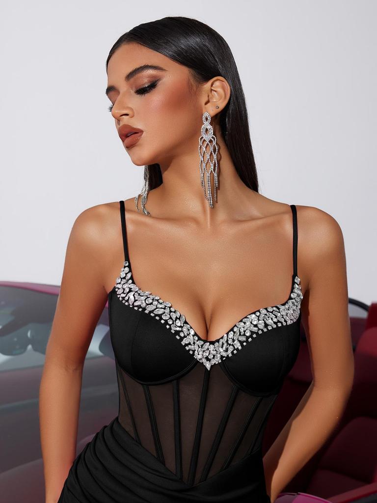 Sexy Summer Deep V-neck Rhinestone Bodycon Dress with Mesh Patchwork