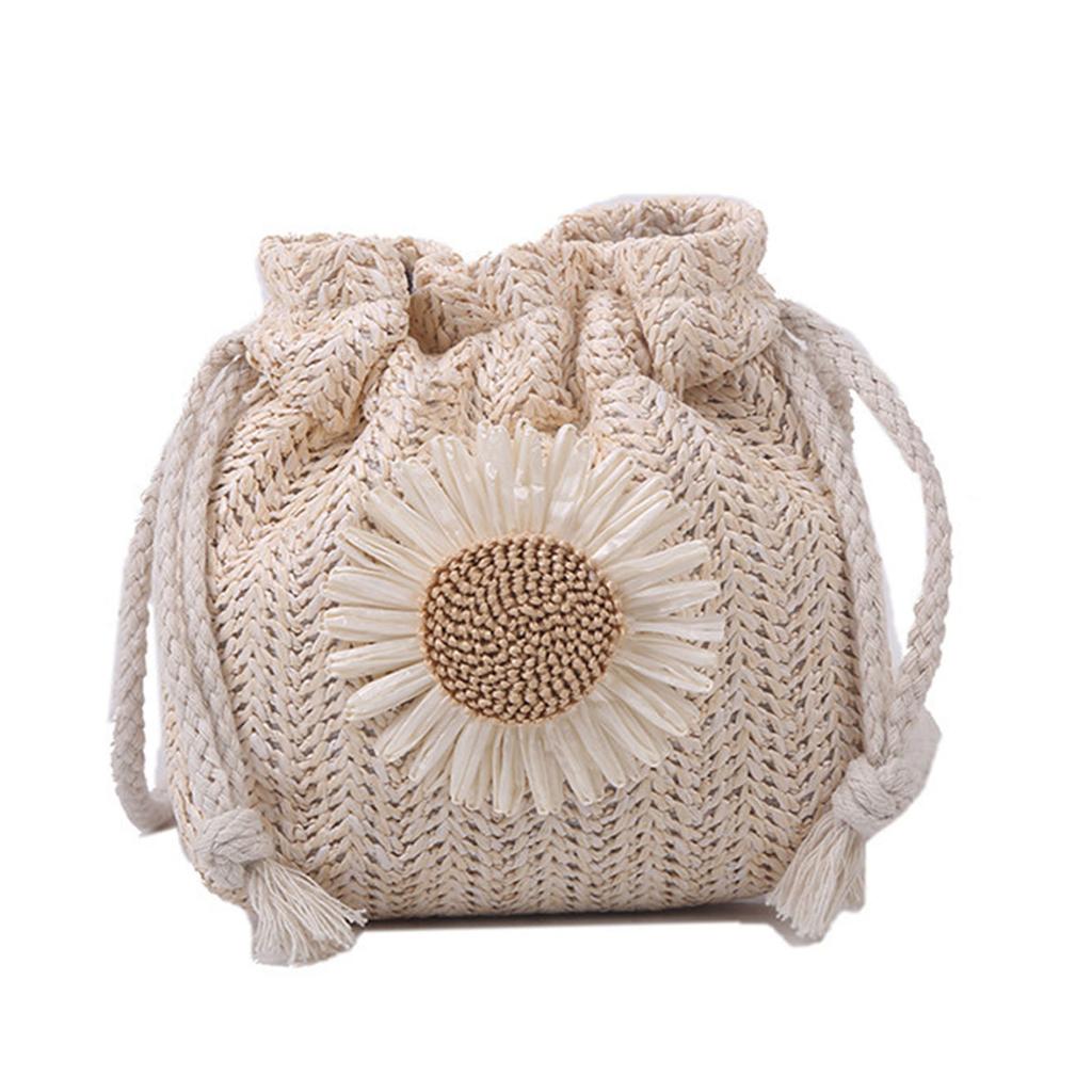 Fashion Drawstring Straw Messenger Bag Crossbody Handbag Summer Shoulder Bag Flower Straw Bucket Bag for Photo Shooting