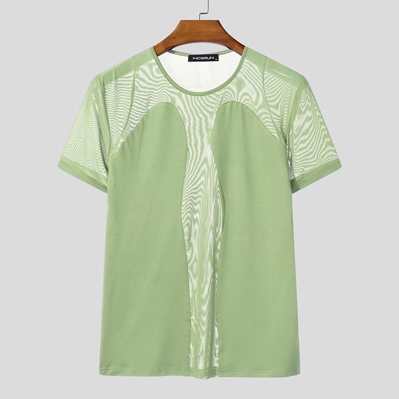 

INCERUN Мужские футболки с круглым вырезом, коротким рукавом, сетчатыми вставками, прозрачные, приталенные L зелёный