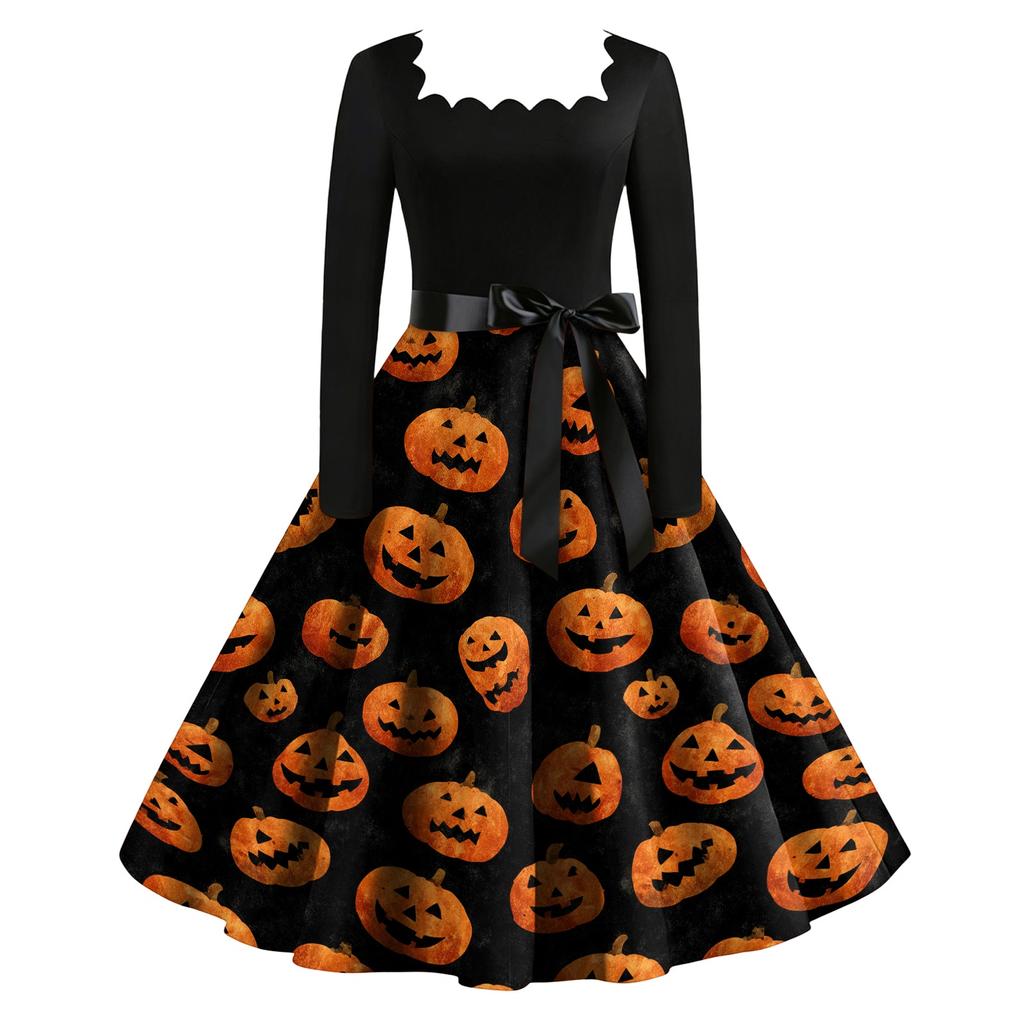 Women's Vintage Long Sleeve Square Neck Party Dress Halloween Printed Full Skirt Midi Dress with Waist Tie Belt Retro Style