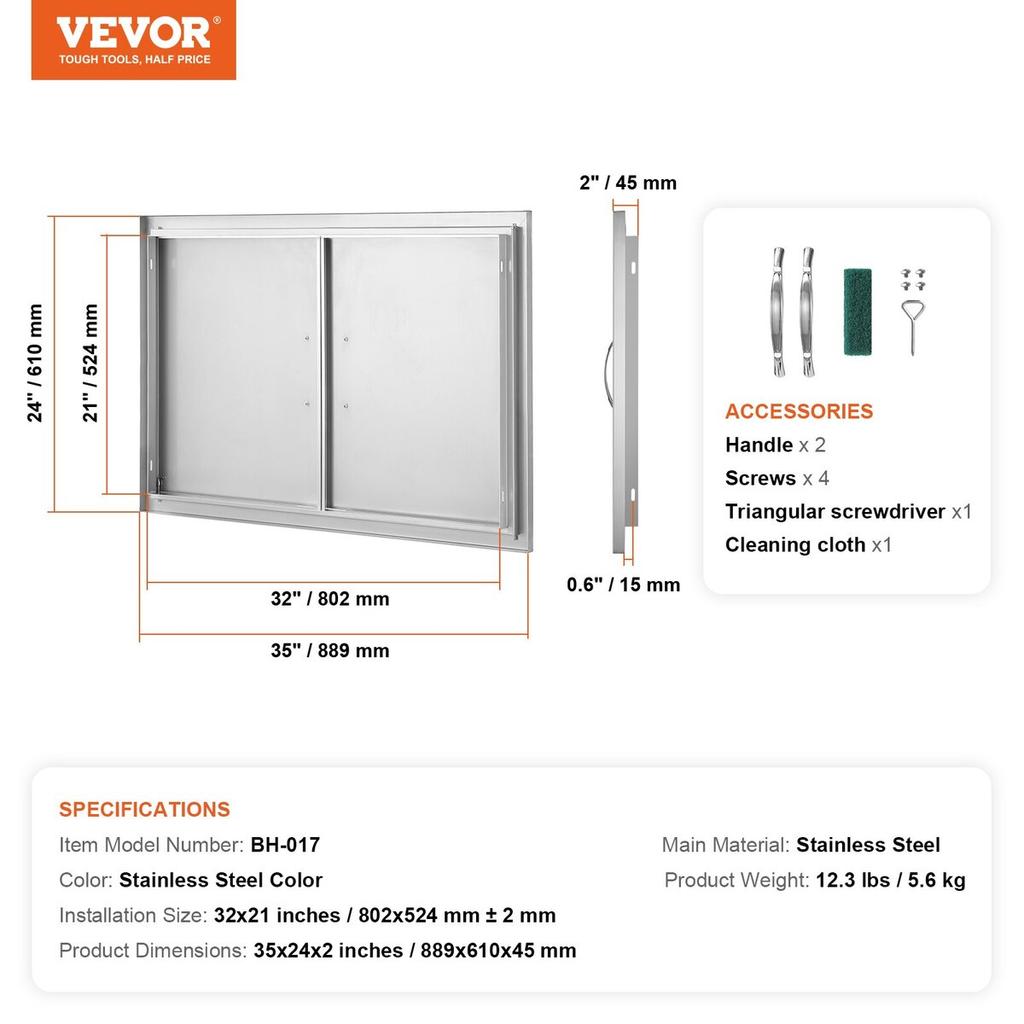 BBQ Access Door, 889x610 Mm Double Outdoor Kitchen Door, Stainless Steel Flush Mount Door, Wall Vertical Door with Handles, for BBQ Island, Grilling