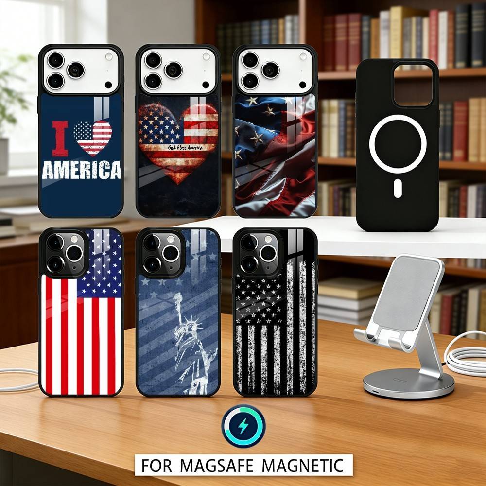 A-America USA Flag Phone Case Magnetic For iPhone17 16 15 14 13 12 Pro Max For Magsafe Wireless Charging Cover