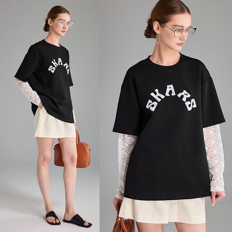 Women s Lace Patchwork Faux Two-Piece T-Shirt M