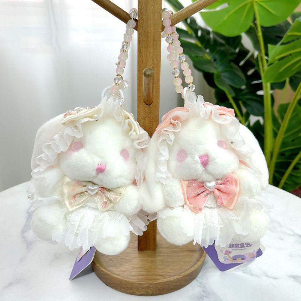 Princess Pearl Dress Plush Rabbit Keychain Cartoon Drooping Ear Rabbit Pendant  Backpack Decor