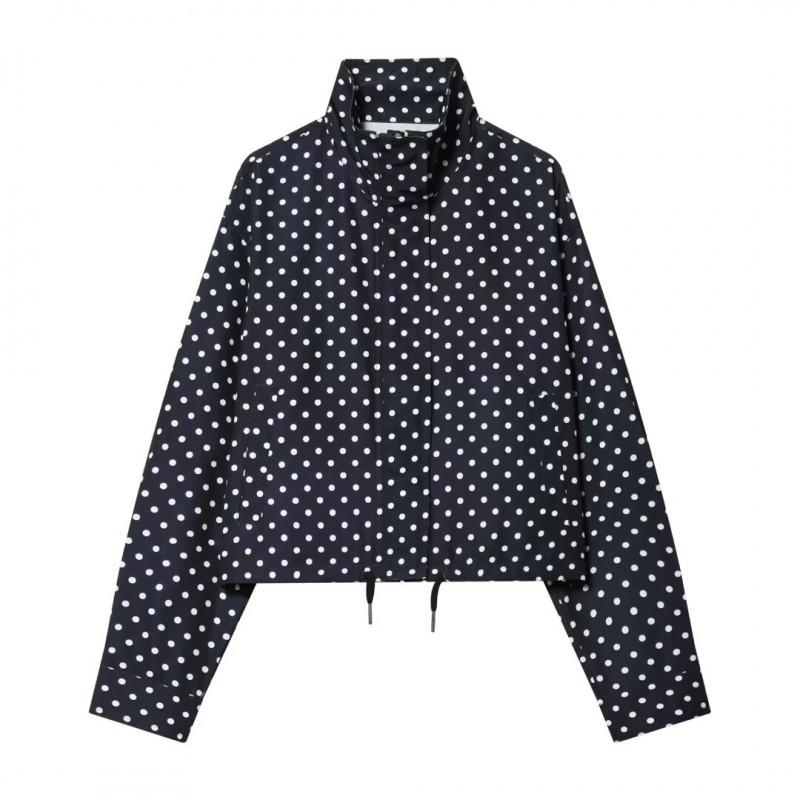 Womens Stand Collar Long Sleeve Colorblock Polka Dot Drawstring Jacket Short Outerwear