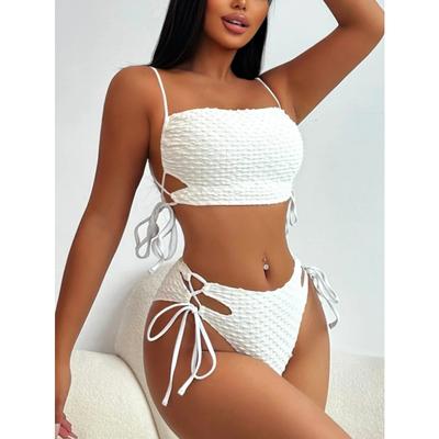 Sexy Weißes Bikini-Set 2026 Damen Hohlbandage Überkreuzt Push-Up Kordelzug Seite Hohe Taille Badeanzug Strand Badeanzug Bademode