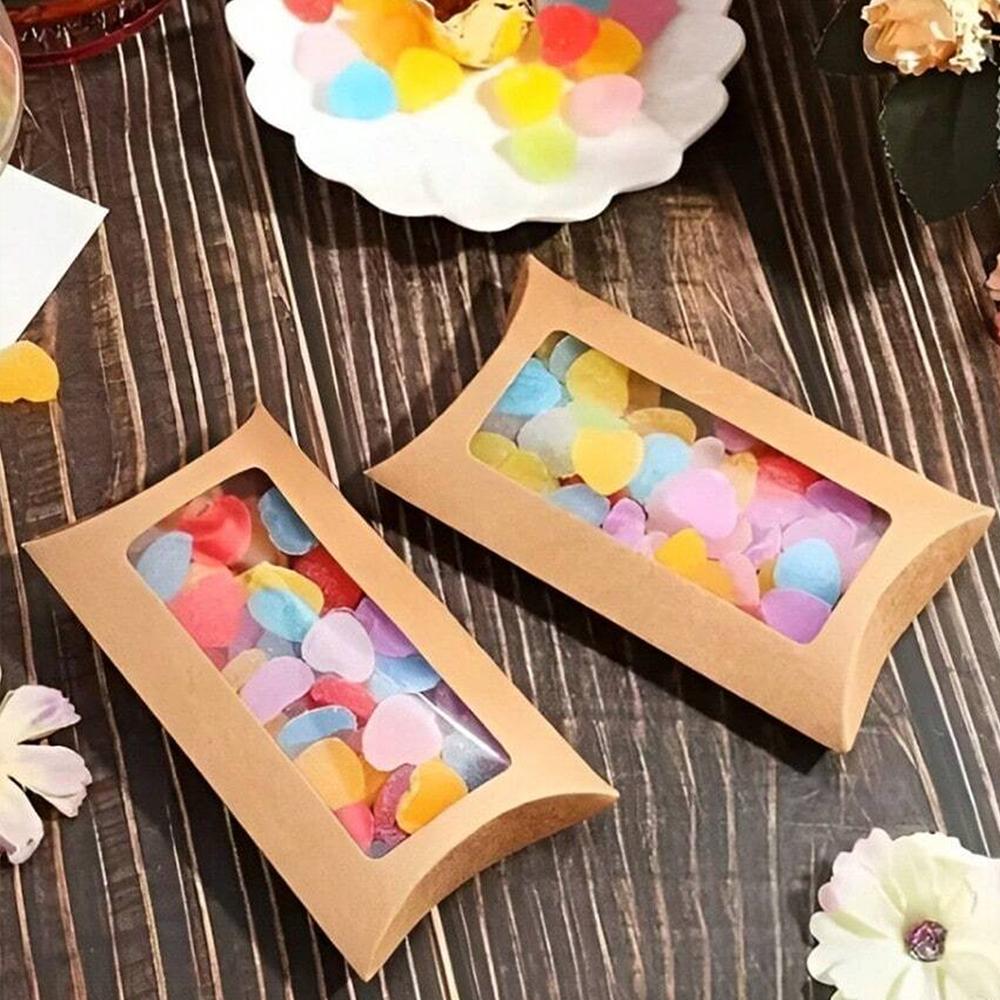 50Pcs Kraft Paper Pillow Box with Clear Window Party Favors Mini Pillow Packaging Box for Candy Chocolate Gift Jewelry Wedding