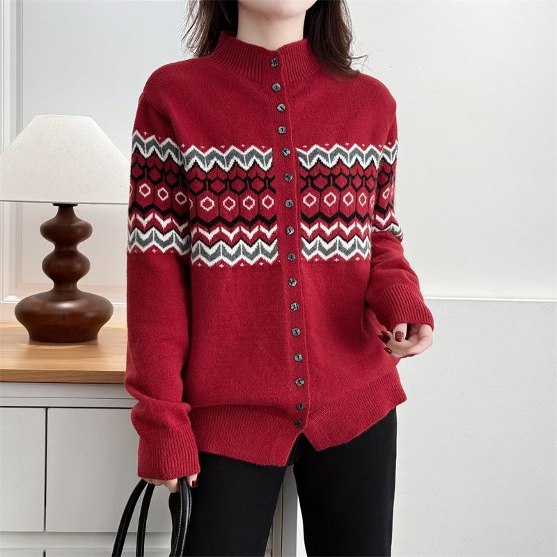 

2025 Spring Plus Size Jacquard Cardigan Sweater for Women - Long Sleeve, Stand Collar Fashion Top, Niche Outerwear for Curvy Ladies XL красный