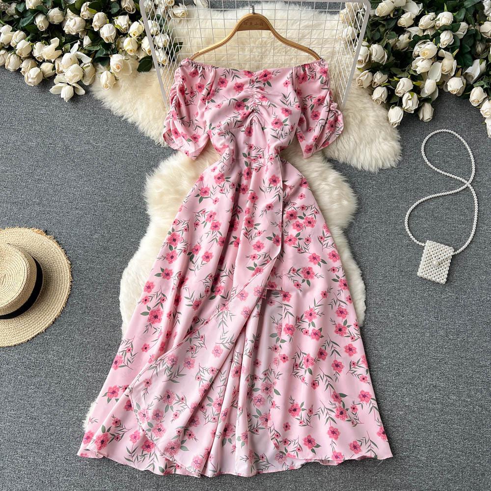 Blumenkleider Damen Sommer Französische Eustoma Ein Schulter Kurze Ärmel Teepause Schlitz Knielang Kleid