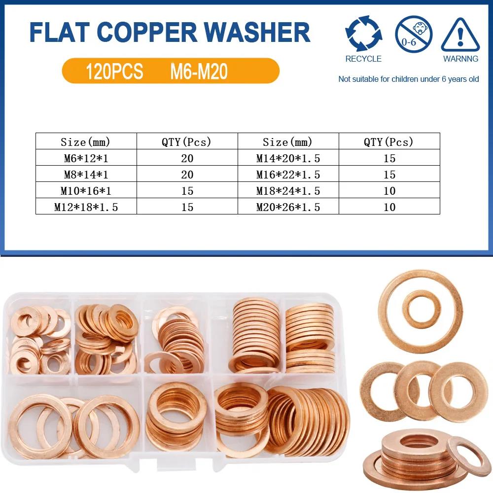 Solid Pure Copper Flat Washers Gasket Seal Ring M5 M6 M8 M10 M12 M14 M16 Metric Crush Washers For Sump Plug Oil Pipe Boat Repair Oil Drain Plugs 3