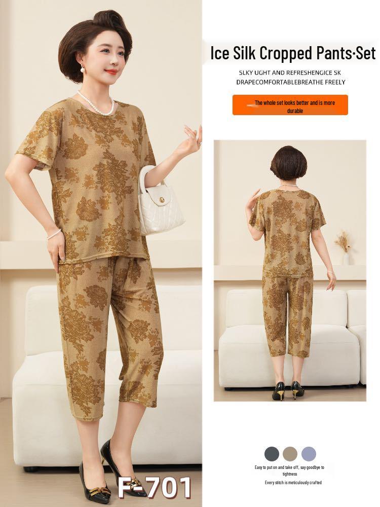Women's Plus Size Ice Silk Pajama Set: Casual Short Sleeve Two-Piece for Middle-aged and Elderly Moms