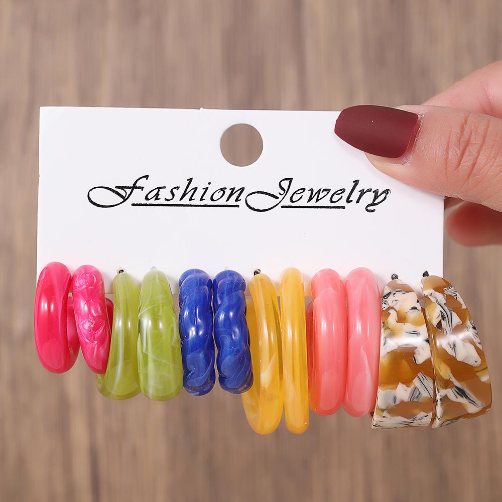 Color Creative Earrings Women's Acrylic C-shaped Mixed Color Resin Earrings 1 Pair Combination Set Exaggerated Earrings