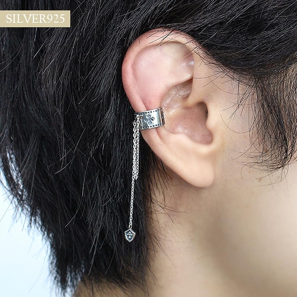Shinjuku Gin No Kura Chain Cross Shield Ear Cuff (1 Piece) Cross Dangle Sterling Silver 925 Men's
