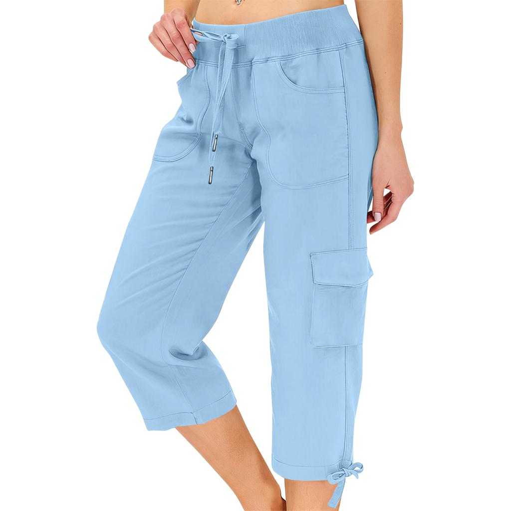 Women’s Loose Fit High Waist Elastic Waistband Lightweight Hiking Pants with Dual Pockets and Drawstring Capri Length for Outdoor Activities