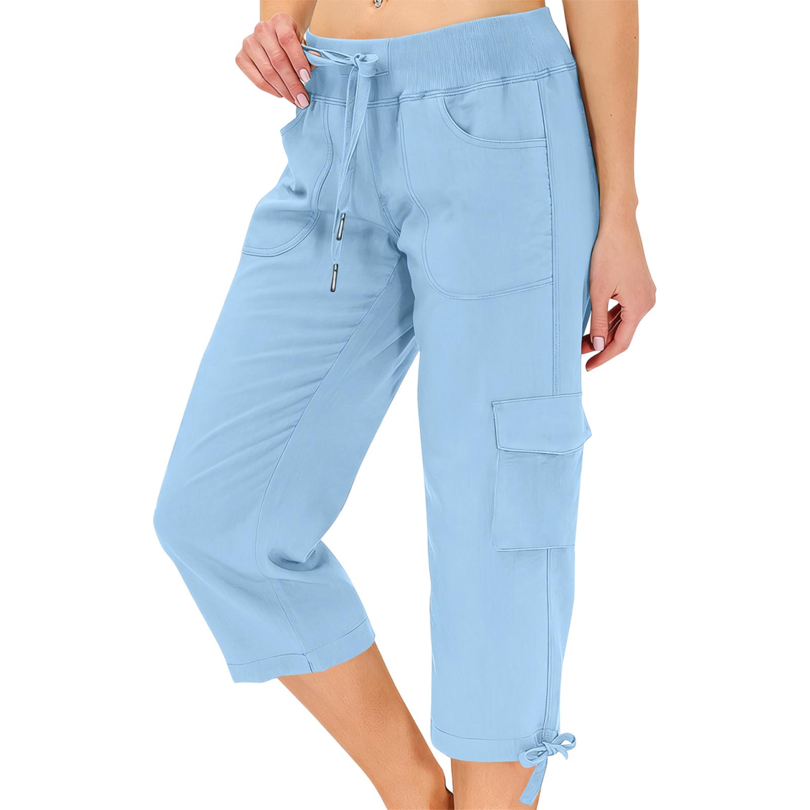 

Womens Loose Fit High Waist Elastic Waistband Lightweight Cargo Capri Pants with Drawstring and Multiple Pockets for Outdoor Hiking Walking Travel XL