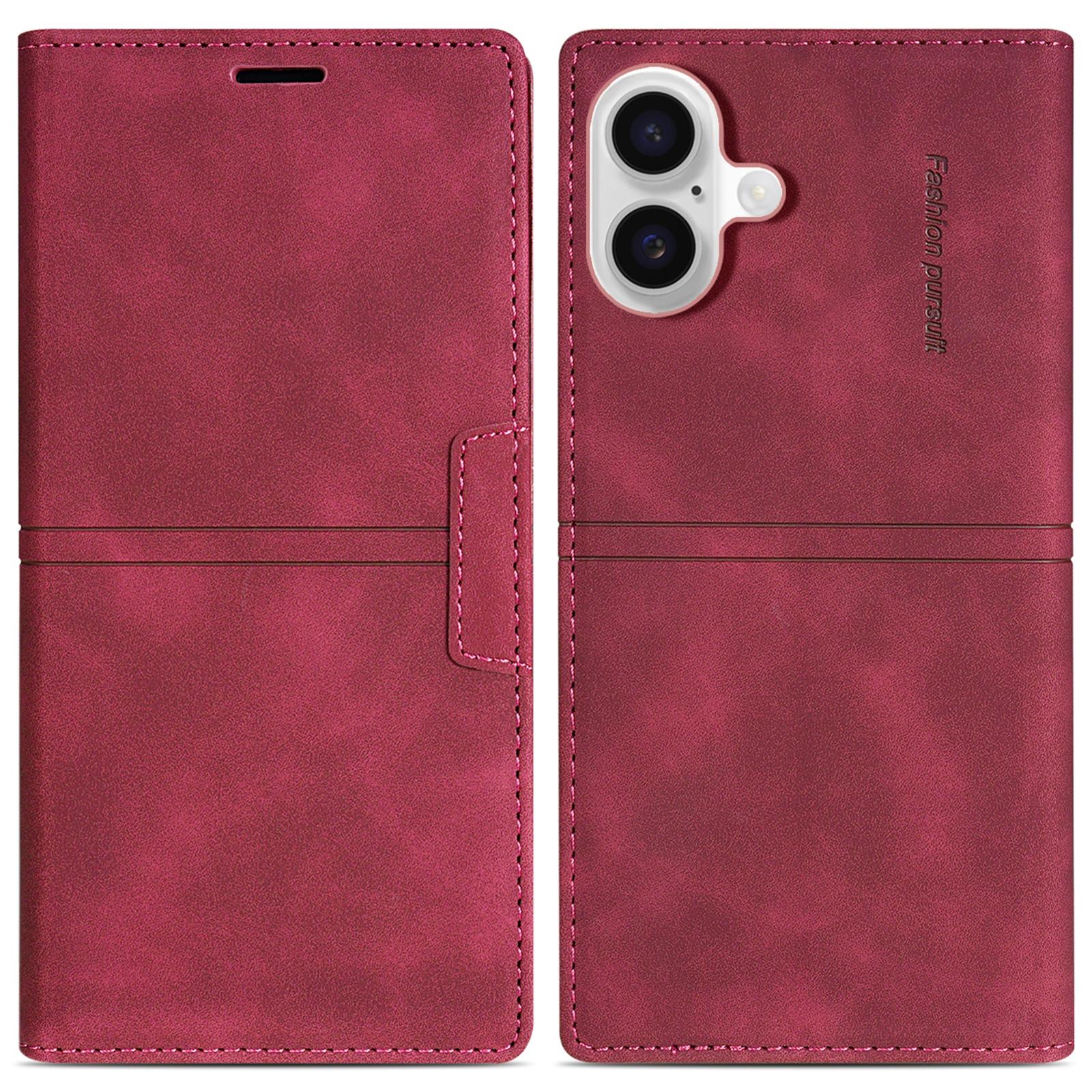 

For iPhone 16 Plus Wallet Case Magnetic Closing Leather Phone Cover Wine Red