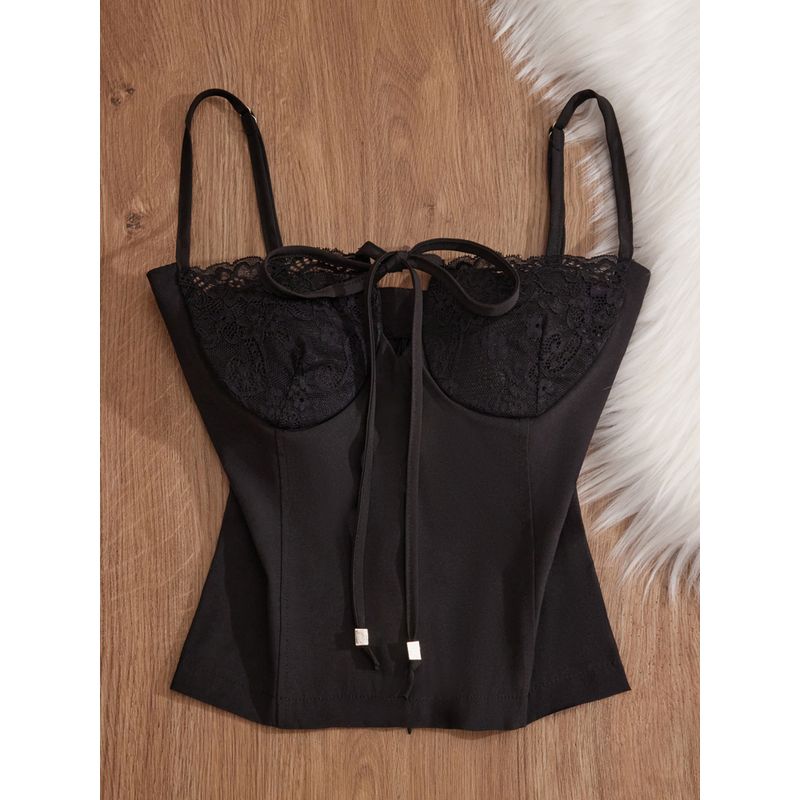 

Французский стиль кружевной топ-майка женское нижнее белье верхняя одежда сексуальный сексуальный косточки талия короткий топ базовая рубашка лето Black(With chest pad) XL