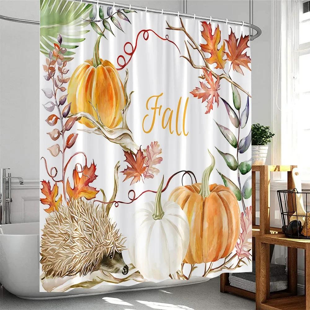 Fall Shower Curtain Thanksgiving Festival Home Decor for Bathroom Pumpkin Maple Leaf Autumn Harvest Season Bath Curtain Cloth