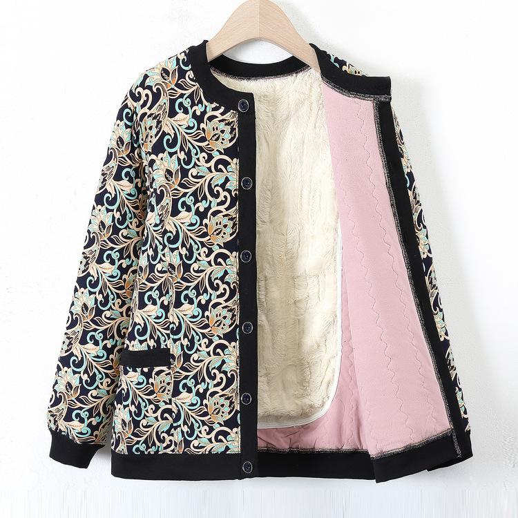 Abrigo de Algodón para Mujeres de Mediana Edad y Ancianas con Terciopelo Cálido Chaqueta de Algodón Floral para Madre para Invierno Nuevo Cárdigan Base Chaqueta de Algodón Floral Pequeño