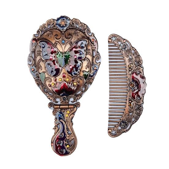 Vintage Folding Hand Mirror with Carved Comb Portable Travel Long Handle Metal Makeup Mirror Women Decorative Handheld Desk Vanity Mirror