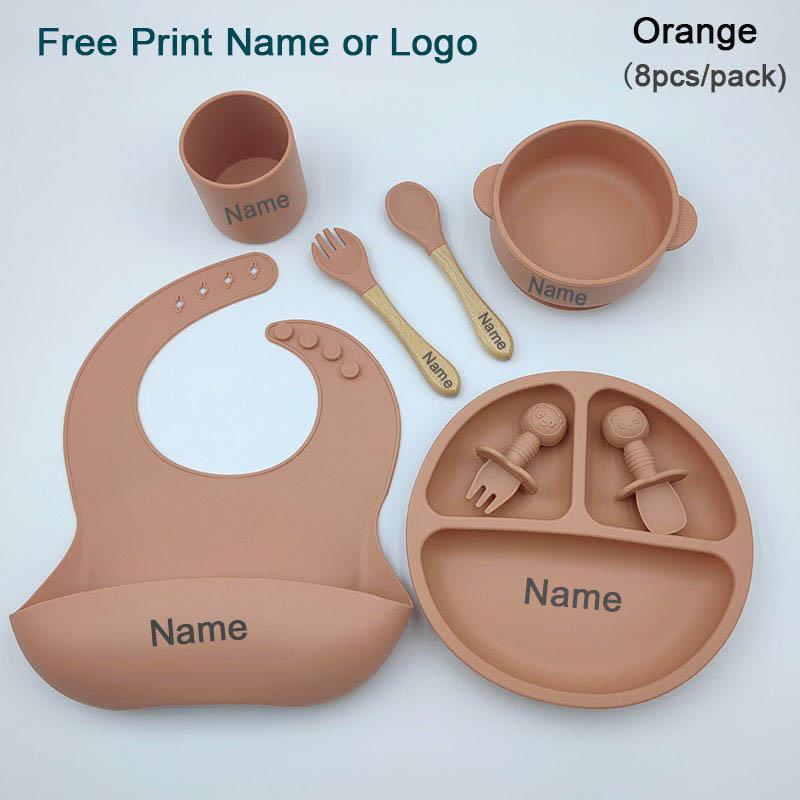 Set Pappa in Silicone Personalizzato con Nome per Bambino Ciotola con Ventosa Piatti in Silicone Piatto per Biberon Bavaglini Cucchiaio Forchetta Stoviglie Senza BPA