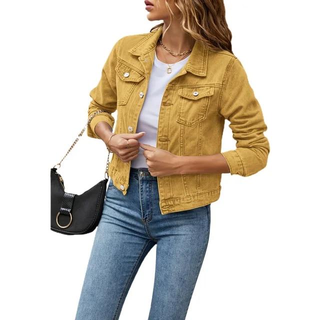 Women's Fashion Denim Button Jacket Solid Color Plus Size Long Sleeved Short Coat