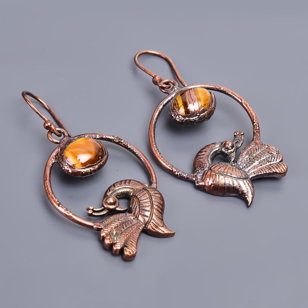 Sacral Chakra Tiger Eye Gemstone Copper Electroformed Hook Drop Earrings Jewelry V-43