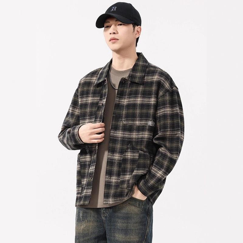 Men's Plaid Flannel Shirt Jacket Casual Loose Long Sleeve Buttons Shacket Pockets for Daily Wear