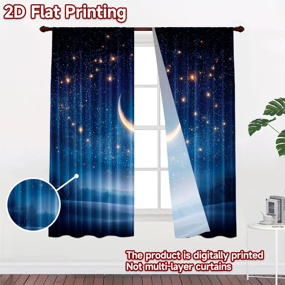 2D Flat Printing 2pcs Curtains Crescent Moon Night Stars Sky Digital Printed Polyester Drapes Festive Wall Decor Use for Booths
