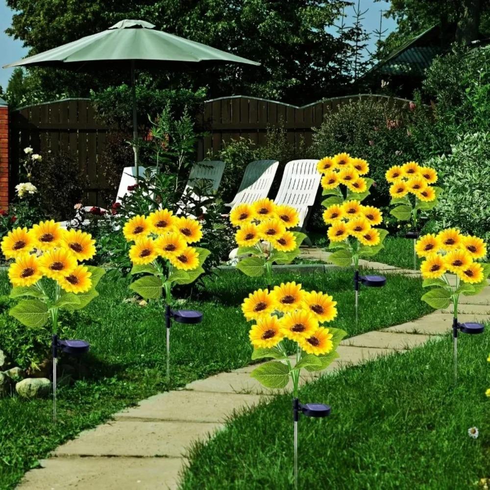 6 Head Solar Simulation Sunflower LED Lights with Luminous Pole for Garden Yard Lawn Patio Pathway Night Landscape Decor Lamp