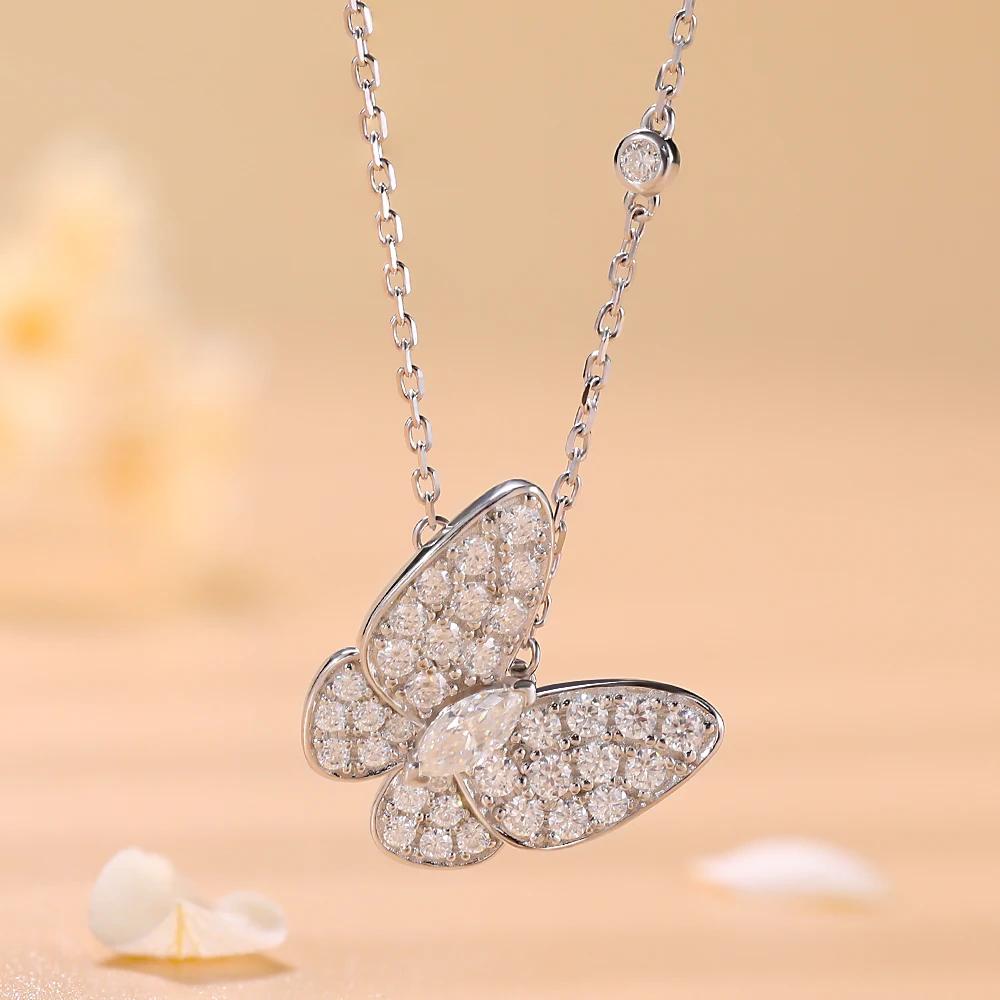 Moissanite Necklace for Women Marquise Cut Butterfly Lab Diamond Chain Adjustable Sterling Silver Pendant Jewelry