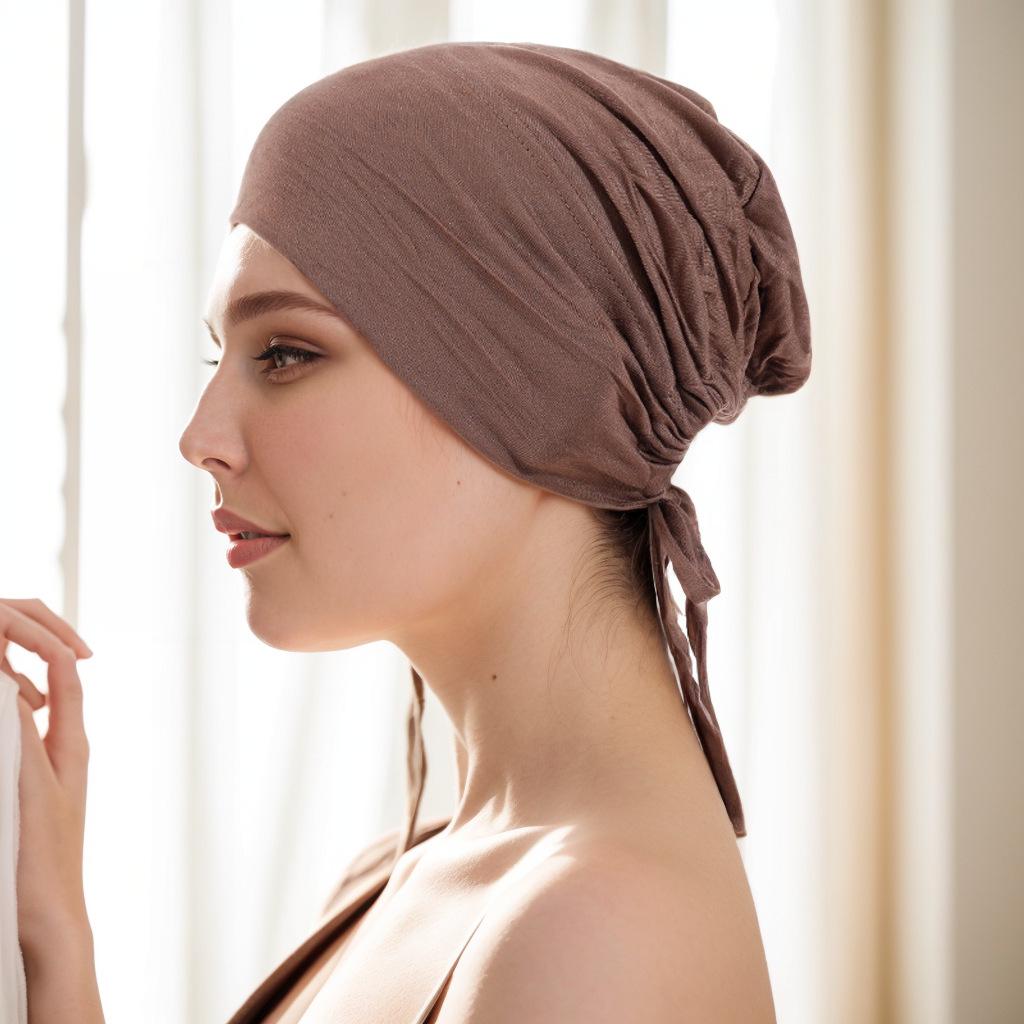 Pañuelo para la cabeza de algodón y seda elástico con cordones ajustable, gorro para quimioterapia