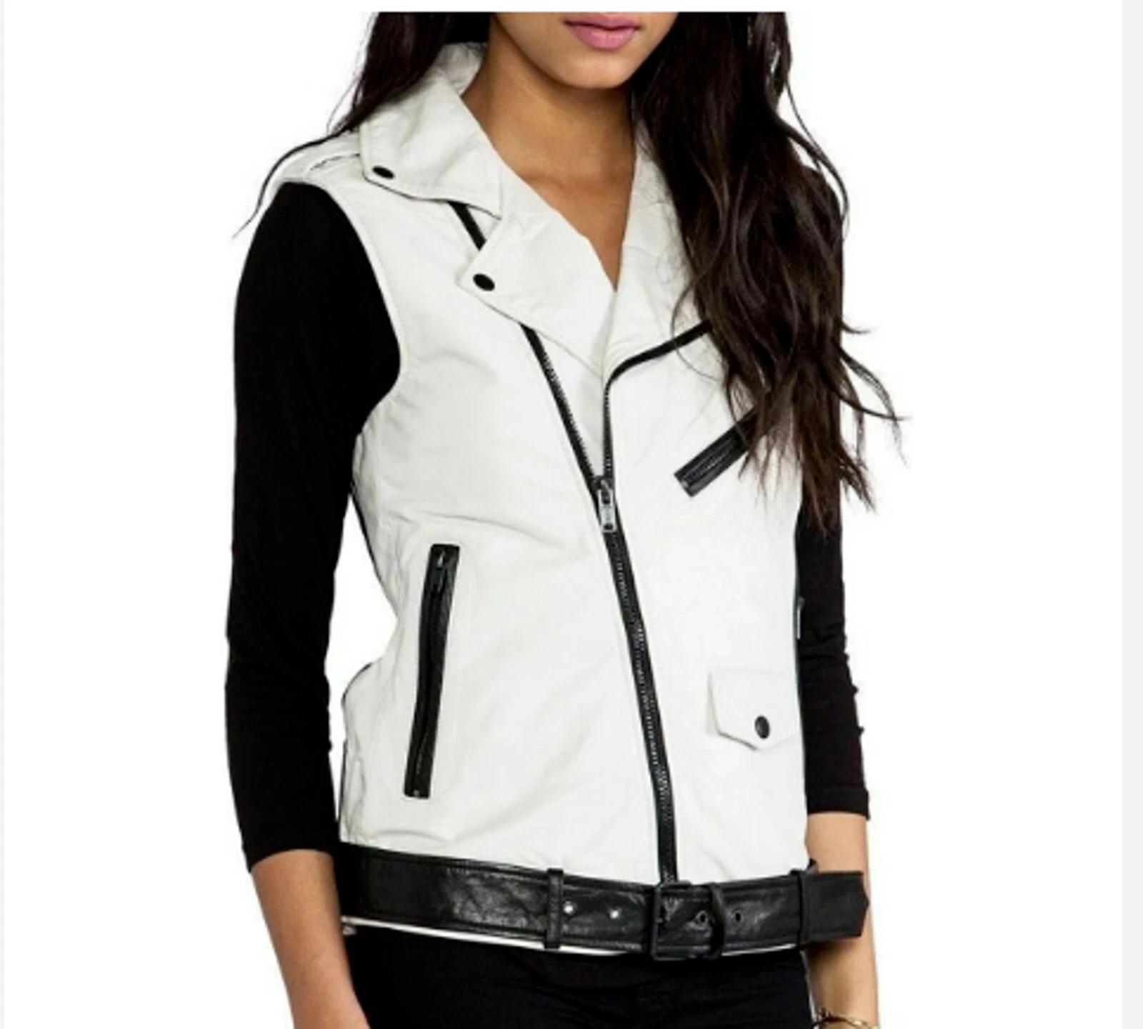 

Lambskin Stylish Waist Coat Fancy Western Women Vest Coat Black & White Leather S