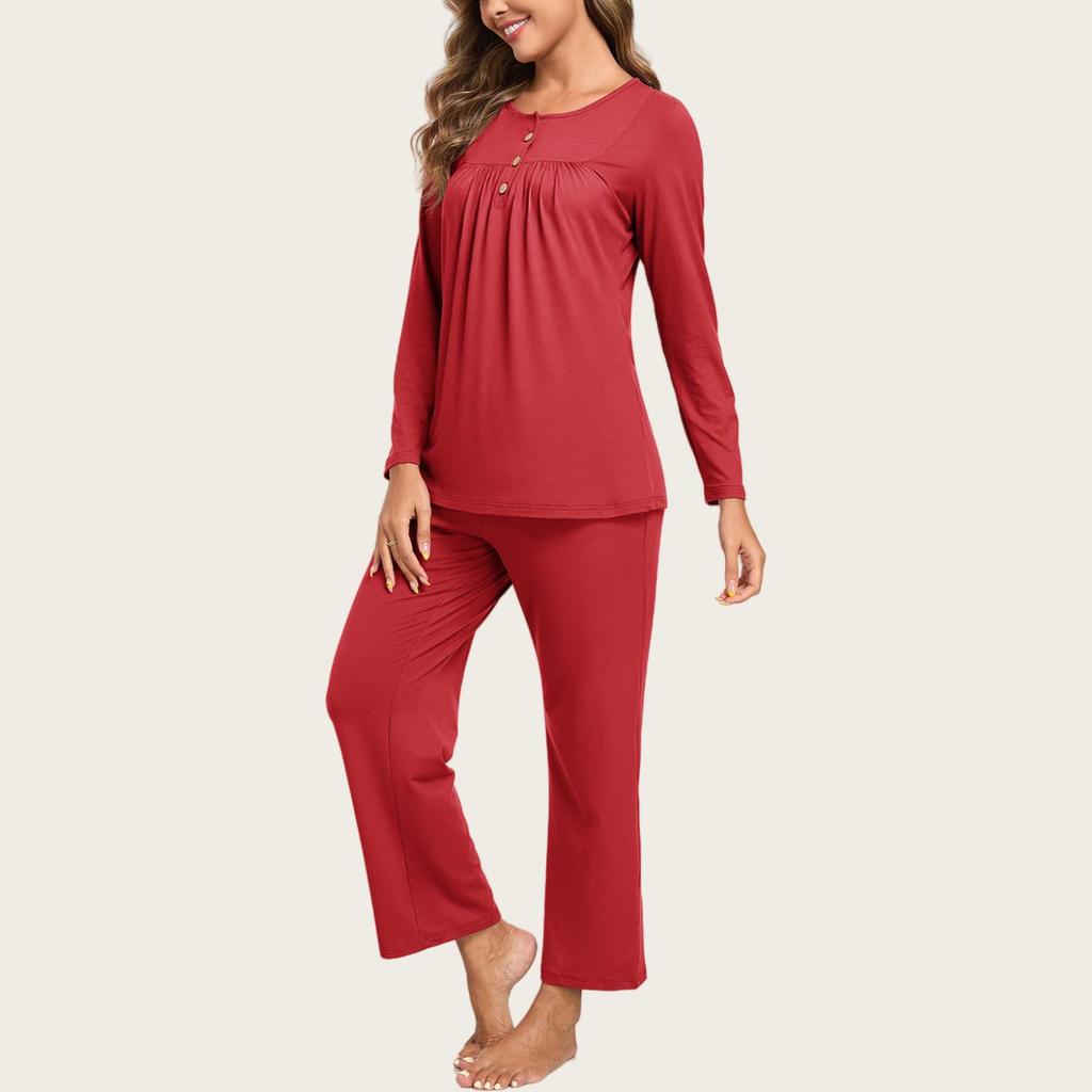 European & American Women's Fashion: Autumn 2025 2-Piece Pajama Set – Casual Long Sleeve Top & Pants with Pockets
