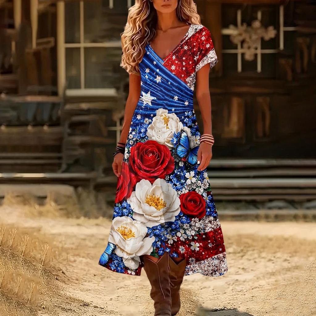 Women’s Short Sleeve V Neck Maxi Dress with Floral Print and Flag Pattern Casual Loose Fit Summer Dress