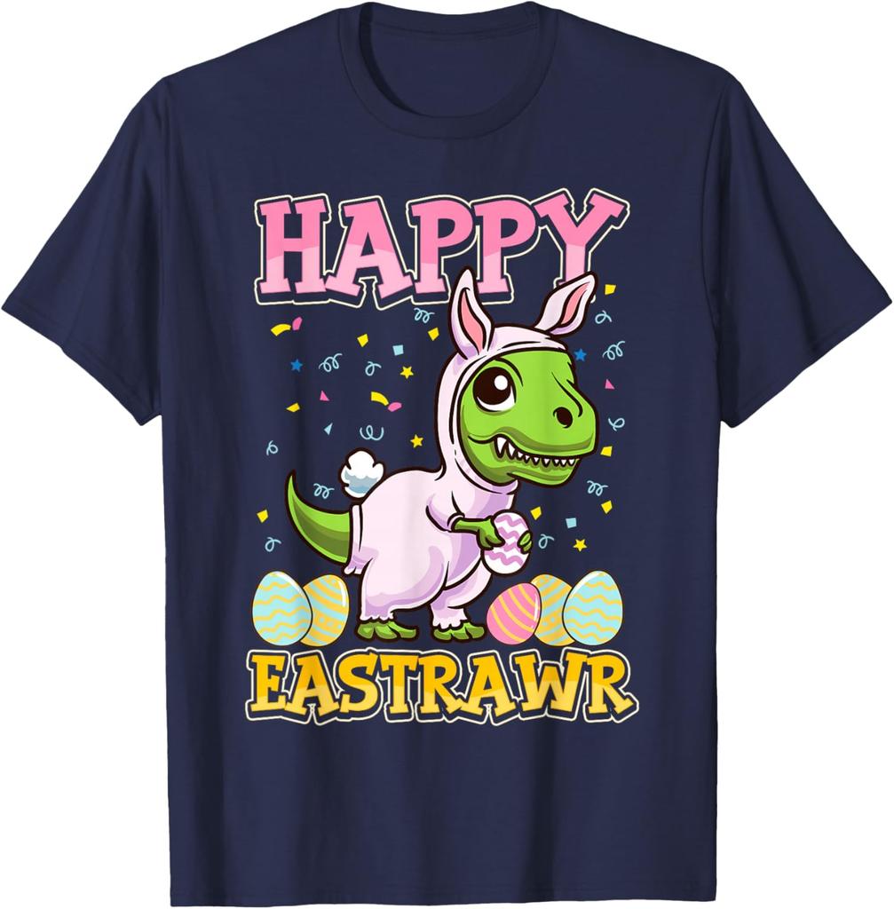 Happy Eastrawr Dinosaur Bunny Costume Graphic Tee Men's Casual Cotton Short Sleeve T-Shirt