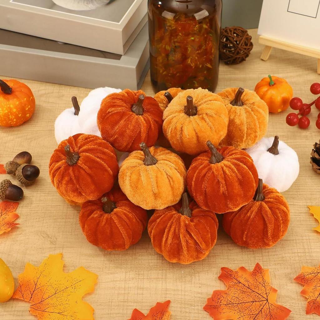 Fall Faux Velvet Pumpkins 16Pcs/set Halloween Foam Pumpkins Ornament For Autumn Fall Thanksgiving Harvest Festival Decoration