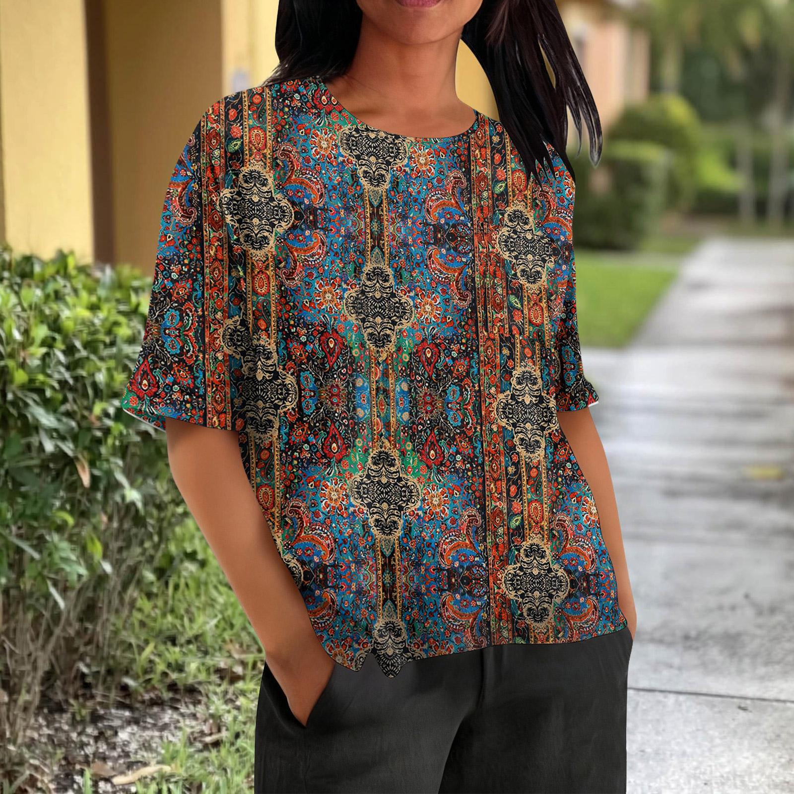 Fashionable Women s T-shirt Short Sleeved Casual Top With Pockets, Retro Printed Round Neck Lightweight Top M