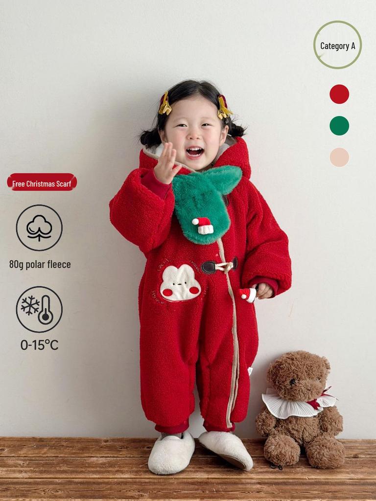 Fleece-Lined Quilted Red Baby Romper - Winter Outerwear for New Year Greetings