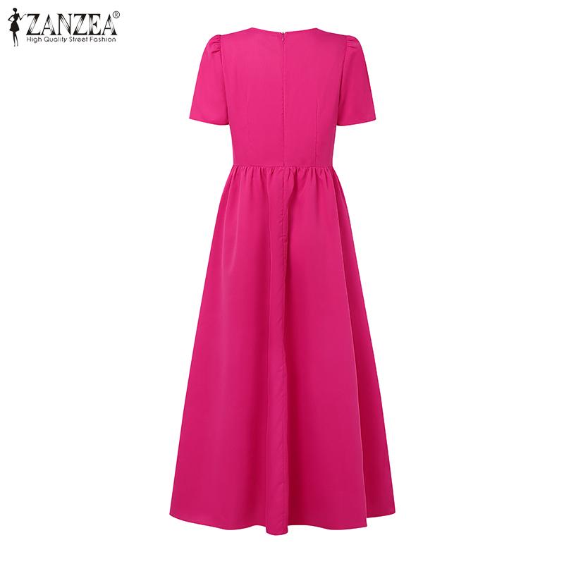 ZANZEA Damen Sommer V-Ausschnitt Kurzarm Lässiges Langes Kleid