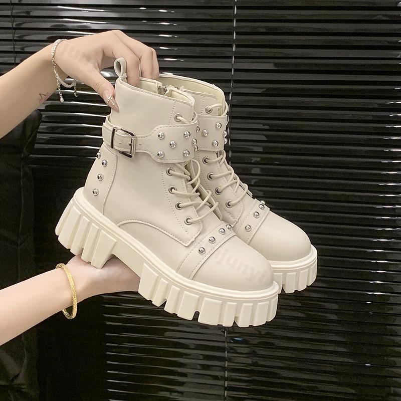 Women Ankle Boots 2026 Autumn Platform Belt Buckle Female Short Boots Thick Sole Lace Up Rivet Zipper Fashion Ankle Boots Botas