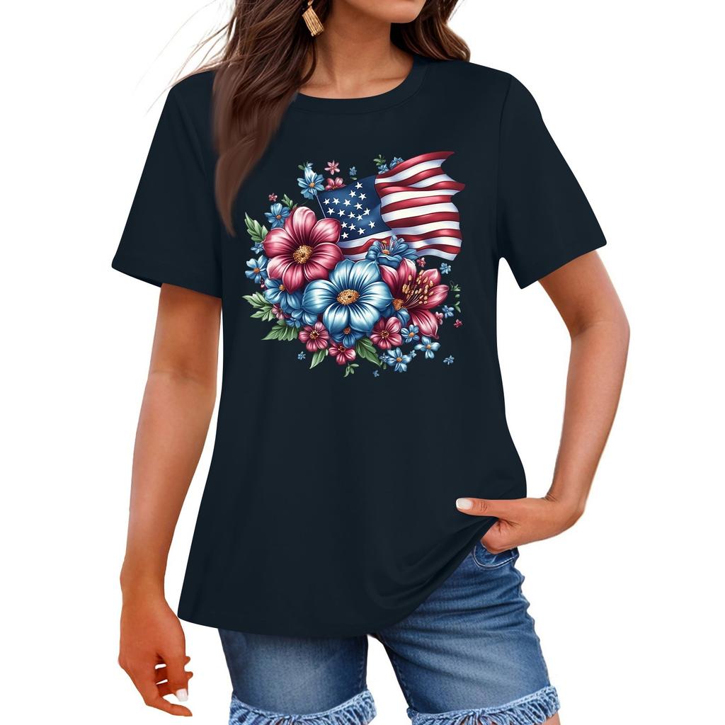 Damenmode Unabhängigkeitstag Bedrucktes Rundhals Kurzarm Freizeit T-Shirt Top