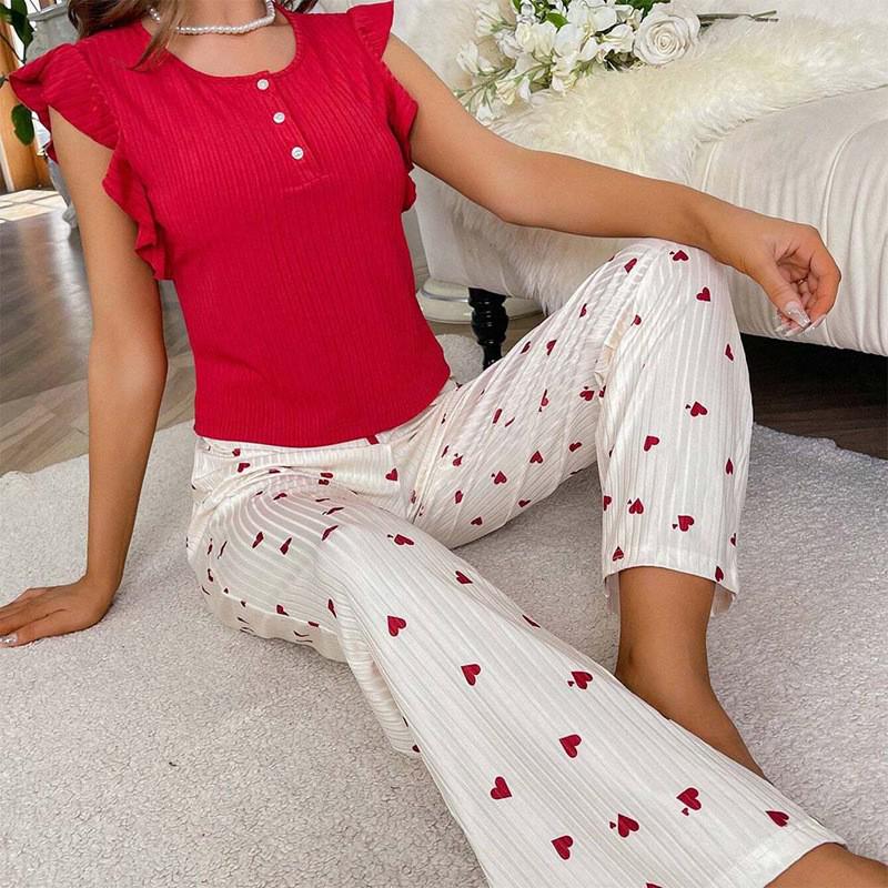 Heart Print Ruffle Casual Homewear Set – Women's Long Pants & Flying Sleeve Top, Wearable Outside, European American Style