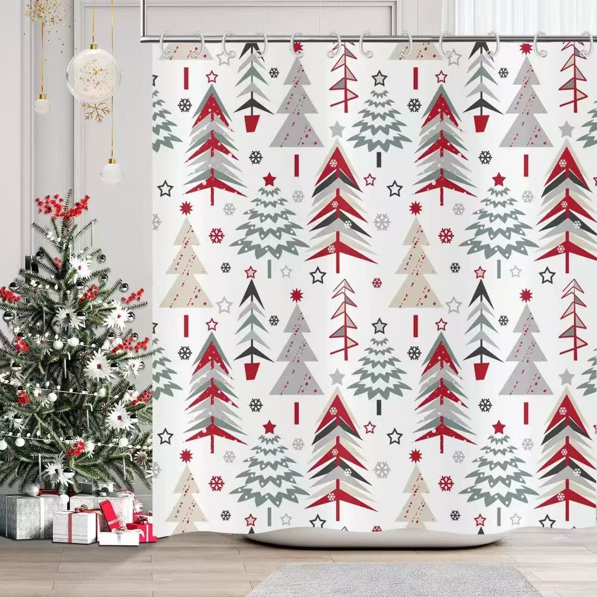 

Christmas Shower Curtain Set With Snowflakes & Stars,Waterproof Bathroom Decor,Red/Green/Gray Holiday Pattern W60H190(CM)-1 Pcs