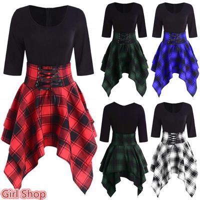 Dresses for Women,Womens Summer Dresses Sleeveless Cold Shoulder Casual Collar Plaid Lace Up Asymmetrical Mini Dress