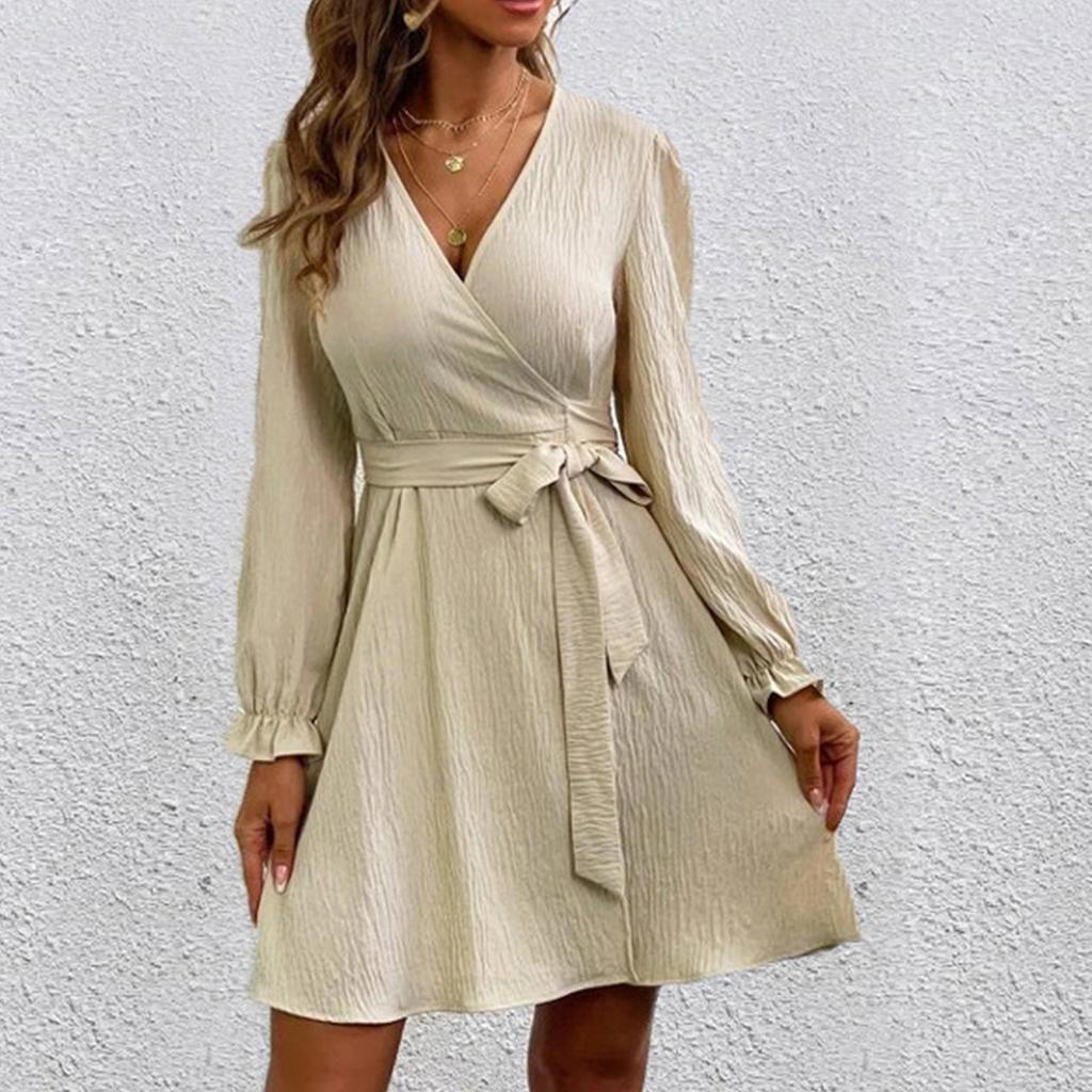 Women's Fashion Casual Solid Color V-Neck Drawstring  Sleeves Patchwork Dress