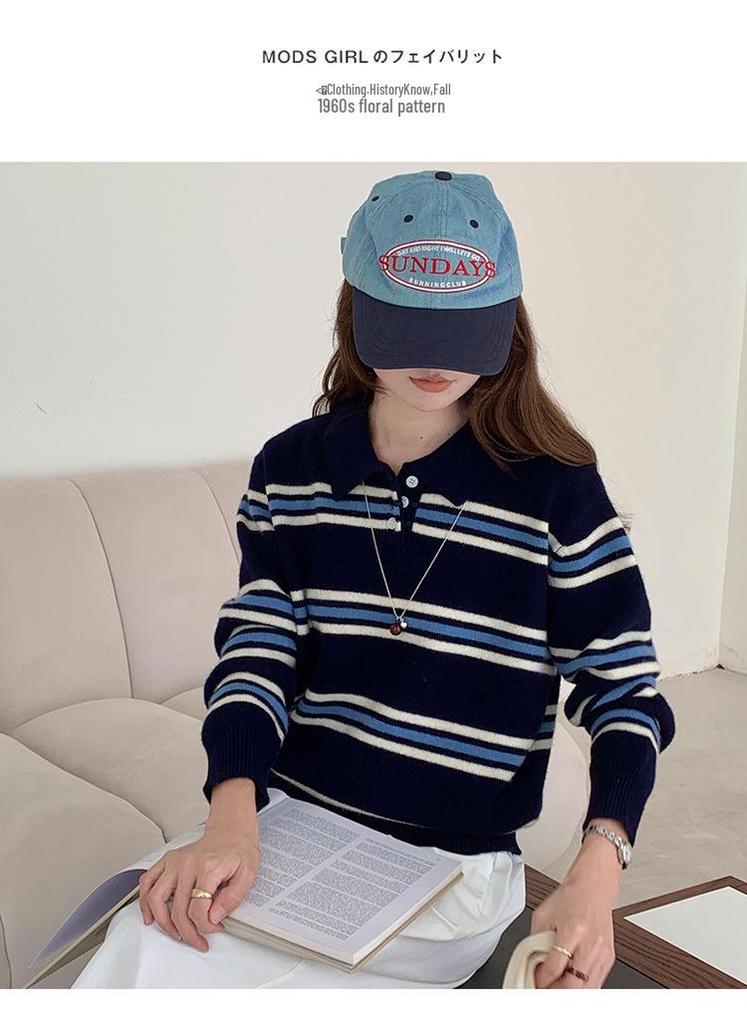 Women's Striped Wool Polo Collar Knit Top - European & American College Style, Autumn/Winter