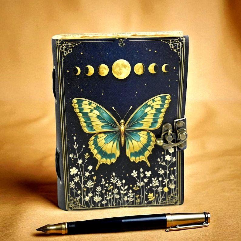 Butterfly Grimoire Journal – Celestial Leather Notebook | Lunar Moth Spell Book of Shadows
