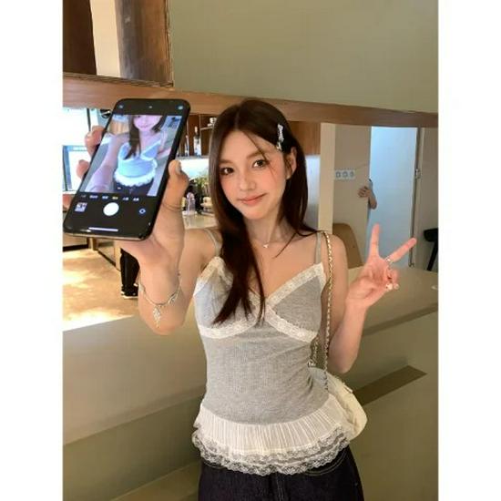 

Women s Spring V-Neck Backless Lace Patchwork Tank Top Sleeveless Vest L (Premium) серый