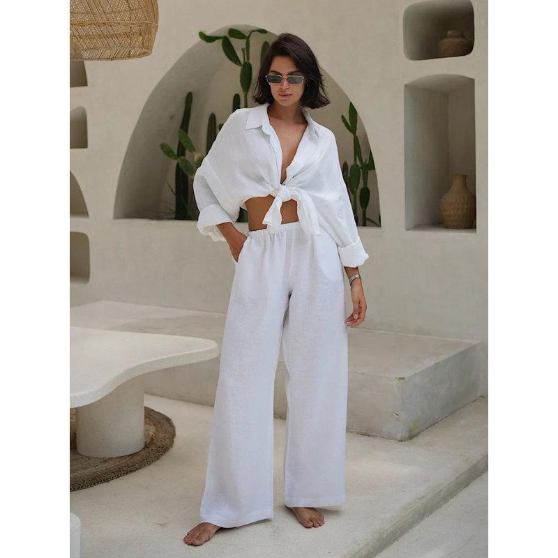 

Tooxika Ladies Новый свободный комплект из хлопковой рубашки и широких брюк S белый